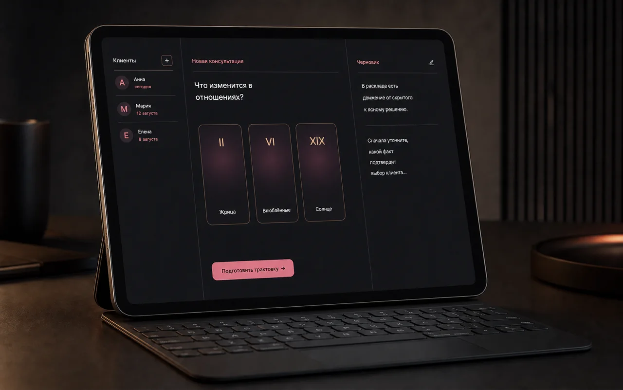 Интерфейс BasilArcana Studio в мокапе ноутбука: клиенты, карты расклада и компактный черновик трактовки